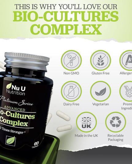 Bio Cultures Probiotics 60 Billion CFU - 60 Capsules - 2 Month Supply - 5 Active Vegetarian Strains with Lactobacillus Acidophilus & Bifidobacterium - Gut Supplements for Women & Men - Nu U Nutrition