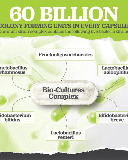 Bio Cultures Probiotics 60 Billion CFU - 60 Capsules - 2 Month Supply - 5 Active Vegetarian Strains with Lactobacillus Acidophilus & Bifidobacterium - Gut Supplements for Women & Men - Nu U Nutrition