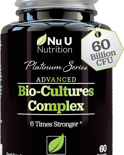 Bio Cultures Probiotics 60 Billion CFU - 60 Capsules - 2 Month Supply - 5 Active Vegetarian Strains with Lactobacillus Acidophilus & Bifidobacterium - Gut Supplements for Women & Men - Nu U Nutrition
