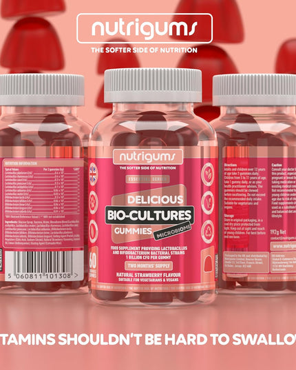 Bio-Cultures Microbiome Complex Gummy | 12 Multi-Strain Probiotics 1 Billion CFU | Acidophilus & Bifidobacterium | Strawberry Flavour | 60 Vegan Gummies | Support Wellbeing & Gut Heath by NUTRIGUMS®