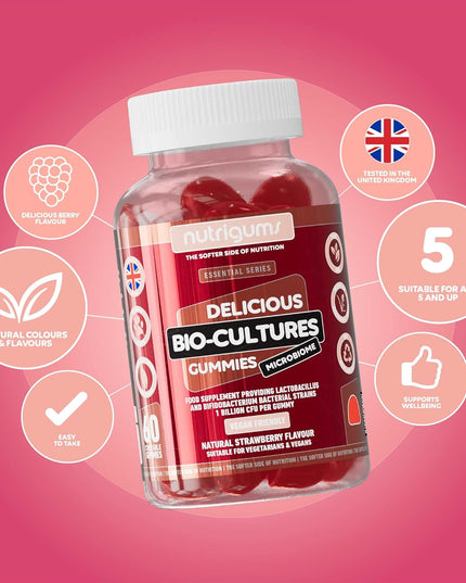 Bio-Cultures Microbiome Complex Gummy | 12 Multi-Strain Probiotics 1 Billion CFU | Acidophilus & Bifidobacterium | Strawberry Flavour | 60 Vegan Gummies | Support Wellbeing & Gut Heath by NUTRIGUMS®