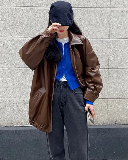 Korean Black Leather Jacket Women Winter Long Women'S Moto Biker Zipper Jacket Streetwear Harajuku Y2K Loose Women'S Coat 2023