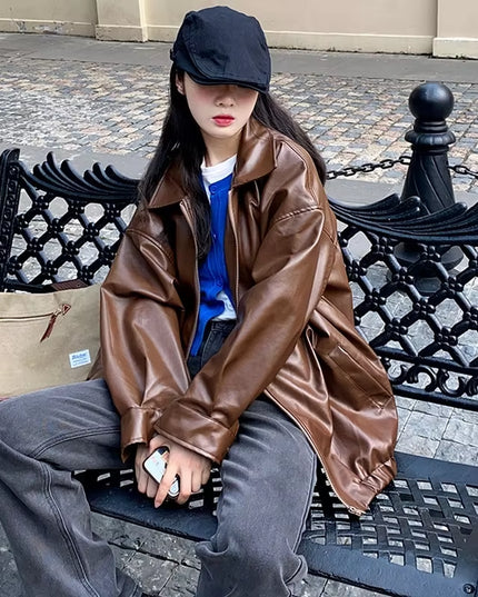 Korean Black Leather Jacket Women Winter Long Women'S Moto Biker Zipper Jacket Streetwear Harajuku Y2K Loose Women'S Coat 2023