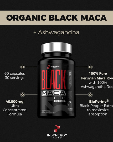 Ultra Premium 40,000MG Organic Black Maca with Ashwagandha - Maca Root Powder for Men 60 Vegan Capsules