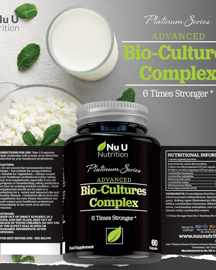 Bio Cultures Probiotics 60 Billion CFU - 60 Capsules - 2 Month Supply - 5 Active Vegetarian Strains with Lactobacillus Acidophilus & Bifidobacterium - Gut Supplements for Women & Men - Nu U Nutrition