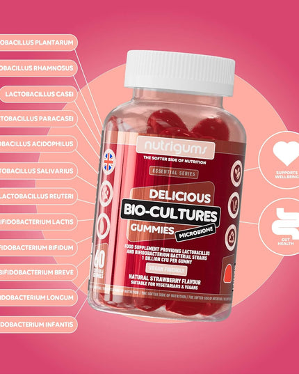 Bio-Cultures Microbiome Complex Gummy | 12 Multi-Strain Probiotics 1 Billion CFU | Acidophilus & Bifidobacterium | Strawberry Flavour | 60 Vegan Gummies | Support Wellbeing & Gut Heath by NUTRIGUMS®