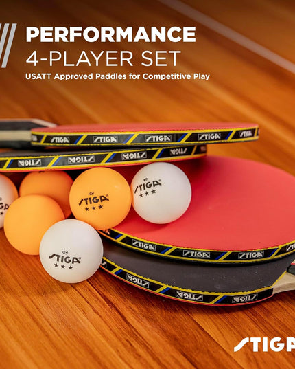 STIGA Performance Table Tennis Set – 2 or 4 Player Ping Pong Kit with USATT Approved Rackets & 3-Star Balls – 5-Ply Blade & Flared Handle