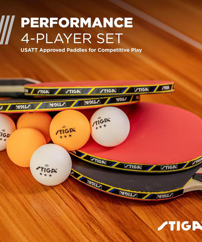 STIGA Performance Table Tennis Set – 2 or 4 Player Ping Pong Kit with USATT Approved Rackets & 3-Star Balls – 5-Ply Blade & Flared Handle