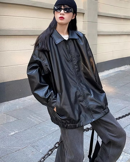 Korean Black Leather Jacket Women Winter Long Women'S Moto Biker Zipper Jacket Streetwear Harajuku Y2K Loose Women'S Coat 2023