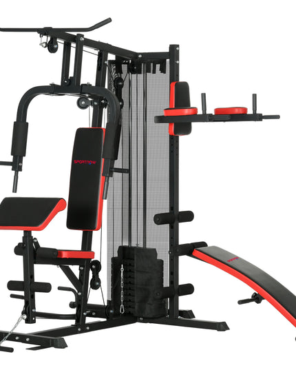 SPORTNOW Multi Gym Workout Station – 65Kg Weight Stack, Adjustable Home Gym with Sit-Up Bench, Push-Up & Dip Station