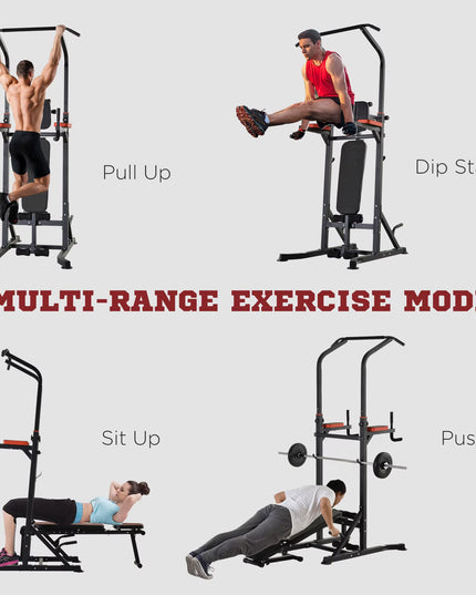 HOMCOM Multi-Function Power Tower – Pull-Up Station with Adjustable Weight Bench, Dip Station & Barbell Rack – Free Standing Gym Equipment