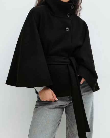 Winter High Neck Batwing Sleeve Coat with Belt Fashion Loose Elegant Button Top Trench Coat for Women Clothing