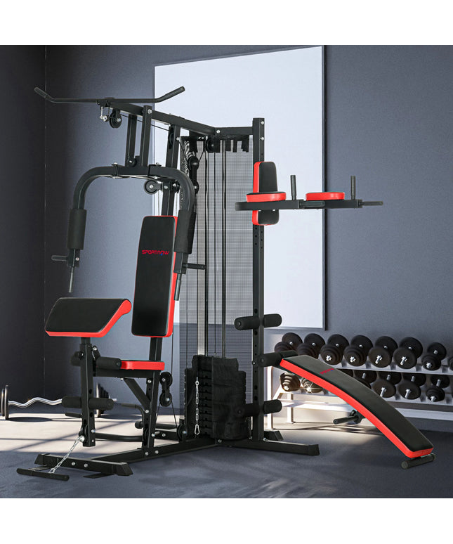 SPORTNOW Multi Gym Workout Station – 65Kg Weight Stack, Adjustable Home Gym with Sit-Up Bench, Push-Up & Dip Station