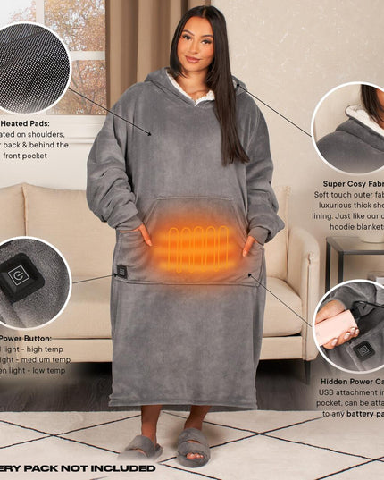 Heated Hoodie Blanket Extra Long Oversized Warm Fleece Sherpa Throw USB Jumper