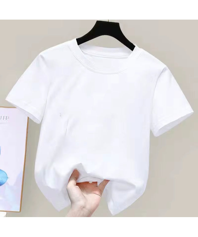 180Gsm Fabric 100% Cotton Children Boy Girl T Shirt 2024 New Summer Women Short Sleeve T-Shirt Cute Style White Solid Color Tops