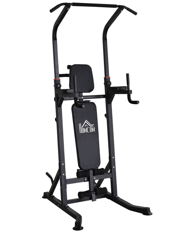 HOMCOM Multi-Function Power Tower – Pull-Up Station with Adjustable Weight Bench, Dip Station & Barbell Rack – Free Standing Gym Equipment