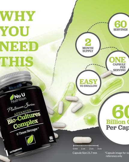 Bio Cultures Probiotics 60 Billion CFU - 60 Capsules - 2 Month Supply - 5 Active Vegetarian Strains with Lactobacillus Acidophilus & Bifidobacterium - Gut Supplements for Women & Men - Nu U Nutrition
