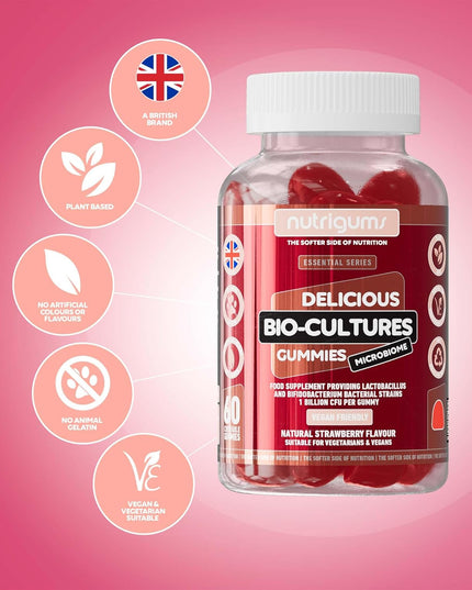 Bio-Cultures Microbiome Complex Gummy | 12 Multi-Strain Probiotics 1 Billion CFU | Acidophilus & Bifidobacterium | Strawberry Flavour | 60 Vegan Gummies | Support Wellbeing & Gut Heath by NUTRIGUMS®