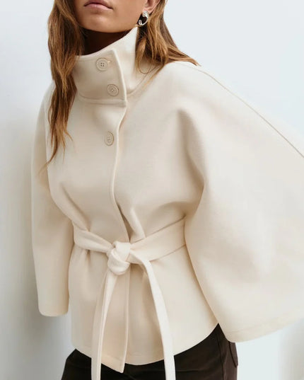 Winter High Neck Batwing Sleeve Coat with Belt Fashion Loose Elegant Button Top Trench Coat for Women Clothing