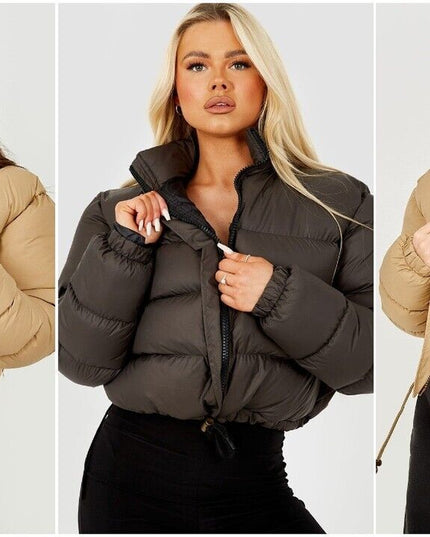 WOMENS LADIES QUILTED WINTER COAT THICK PUFFER PADDED CROP HOODED JACKET PARKA