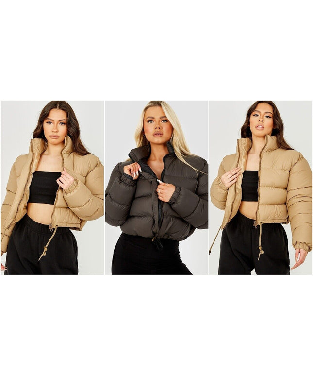 WOMENS LADIES QUILTED WINTER COAT THICK PUFFER PADDED CROP HOODED JACKET PARKA