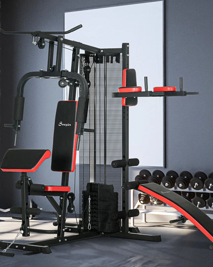 SPORTNOW Multi Gym Workout Station – 65Kg Weight Stack, Adjustable Home Gym with Sit-Up Bench, Push-Up & Dip Station