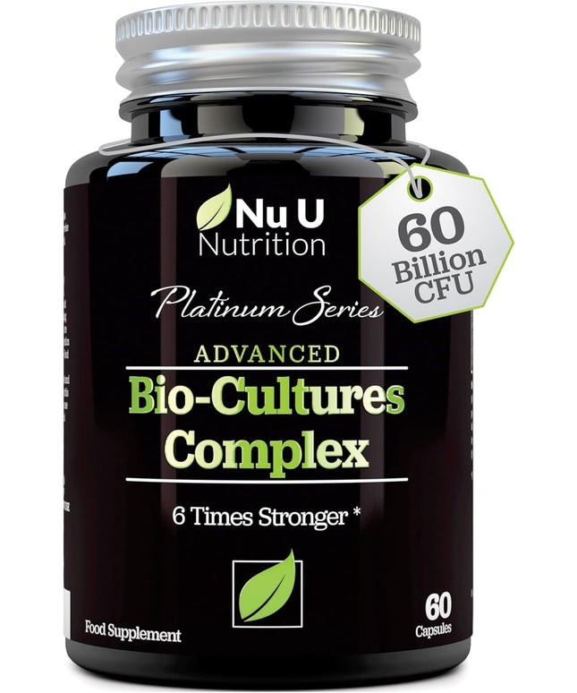 Bio Cultures Probiotics 60 Billion CFU - 60 Capsules - 2 Month Supply - 5 Active Vegetarian Strains with Lactobacillus Acidophilus & Bifidobacterium - Gut Supplements for Women & Men - Nu U Nutrition