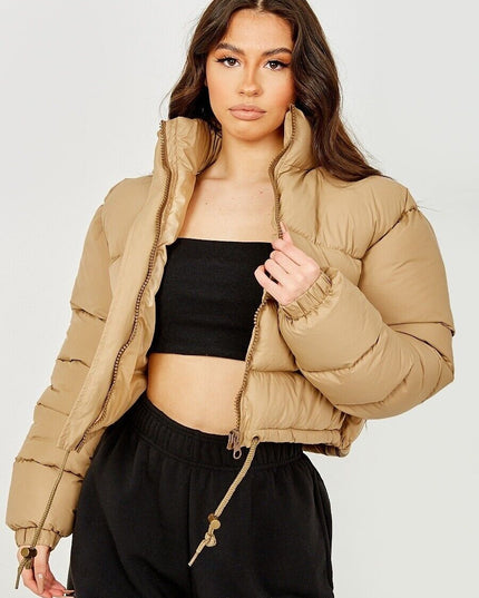 WOMENS LADIES QUILTED WINTER COAT THICK PUFFER PADDED CROP HOODED JACKET PARKA
