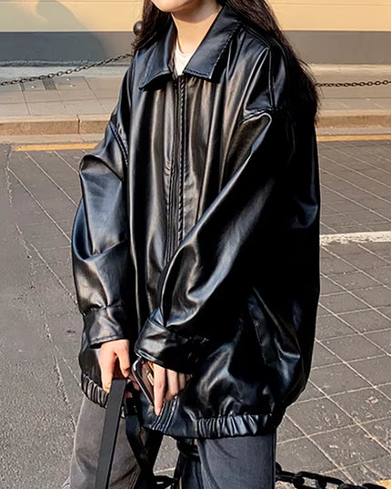 Korean Black Leather Jacket Women Winter Long Women'S Moto Biker Zipper Jacket Streetwear Harajuku Y2K Loose Women'S Coat 2023