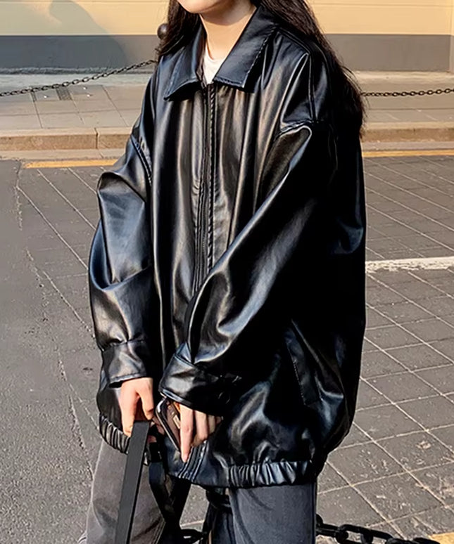 Korean Black Leather Jacket Women Winter Long Women'S Moto Biker Zipper Jacket Streetwear Harajuku Y2K Loose Women'S Coat 2023