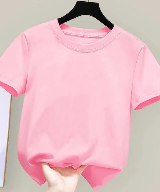 180Gsm Fabric 100% Cotton Children Boy Girl T Shirt 2024 New Summer Women Short Sleeve T-Shirt Cute Style White Solid Color Tops