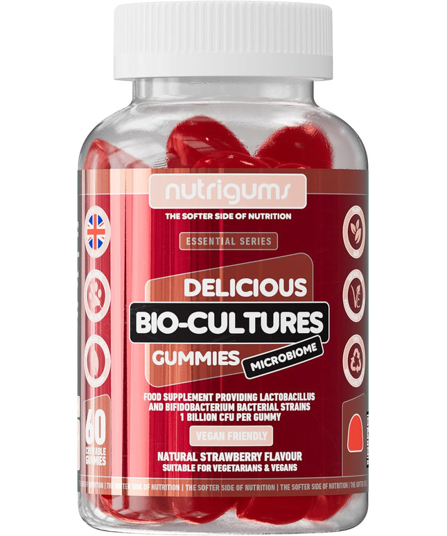 Bio-Cultures Microbiome Complex Gummy | 12 Multi-Strain Probiotics 1 Billion CFU | Acidophilus & Bifidobacterium | Strawberry Flavour | 60 Vegan Gummies | Support Wellbeing & Gut Heath by NUTRIGUMS®