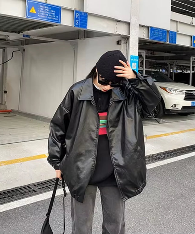 Korean Black Leather Jacket Women Winter Long Women'S Moto Biker Zipper Jacket Streetwear Harajuku Y2K Loose Women'S Coat 2023