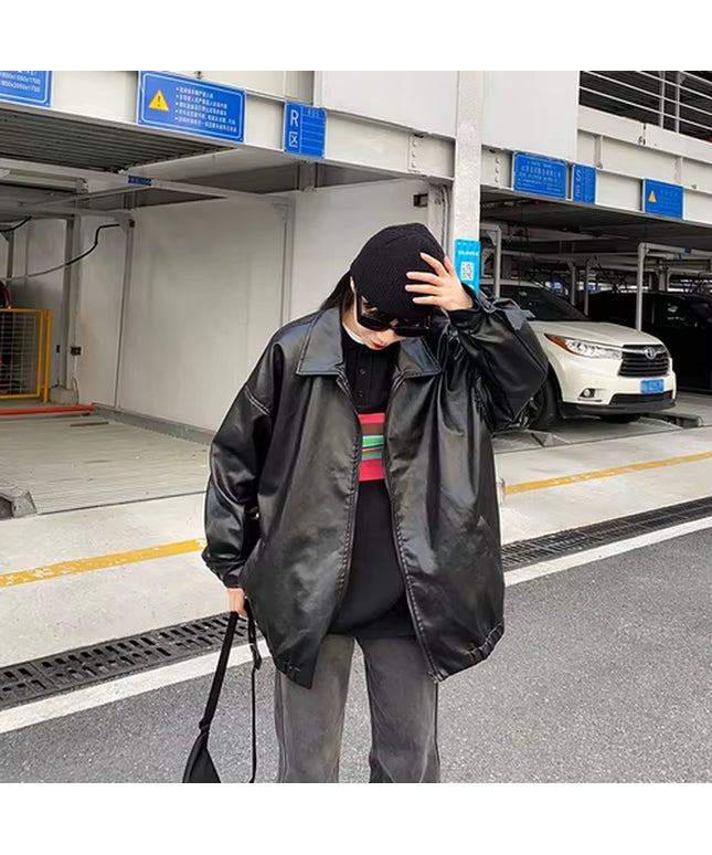 Korean Black Leather Jacket Women Winter Long Women'S Moto Biker Zipper Jacket Streetwear Harajuku Y2K Loose Women'S Coat 2023