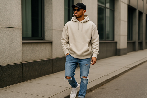  a lifestyle photo of a man in trendy streetwear or casual wear 
