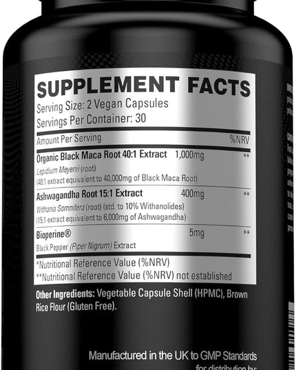 Ultra Premium 40,000MG Organic Black Maca with Ashwagandha - Maca Root Powder for Men 60 Vegan Capsules