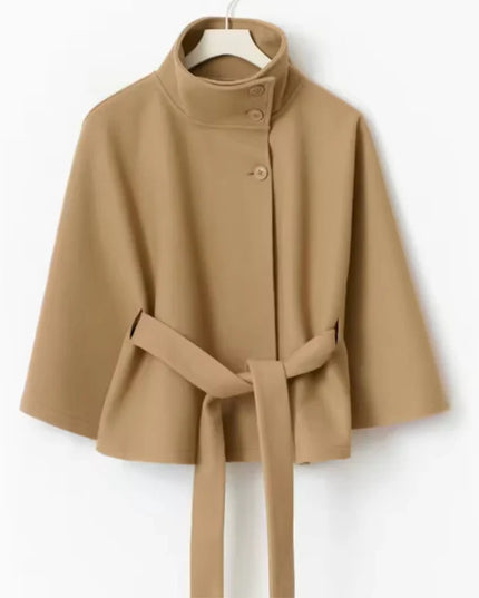 Winter High Neck Batwing Sleeve Coat with Belt Fashion Loose Elegant Button Top Trench Coat for Women Clothing