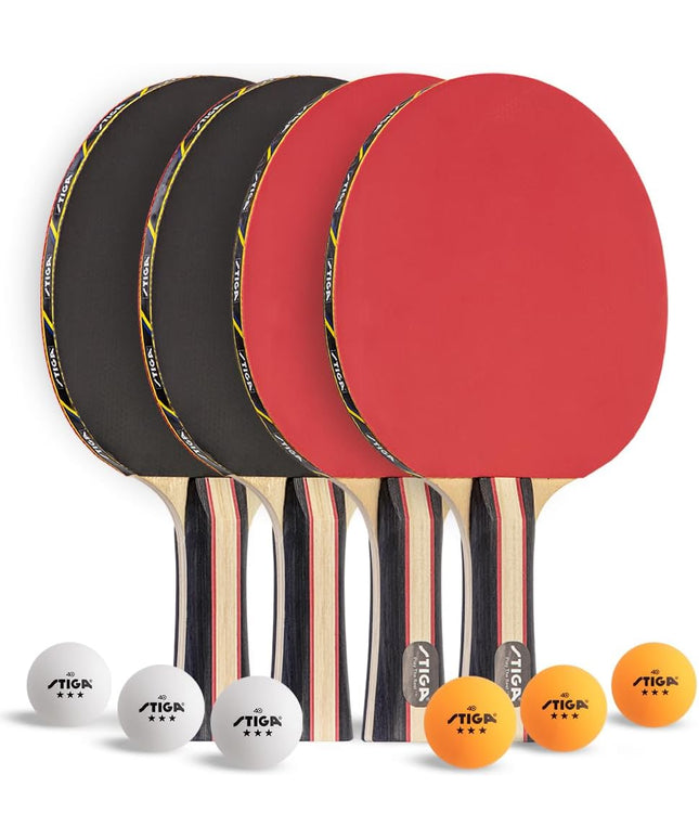 STIGA Performance Table Tennis Set – 2 or 4 Player Ping Pong Kit with USATT Approved Rackets & 3-Star Balls – 5-Ply Blade & Flared Handle