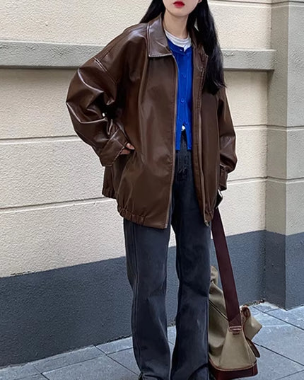 Korean Black Leather Jacket Women Winter Long Women'S Moto Biker Zipper Jacket Streetwear Harajuku Y2K Loose Women'S Coat 2023