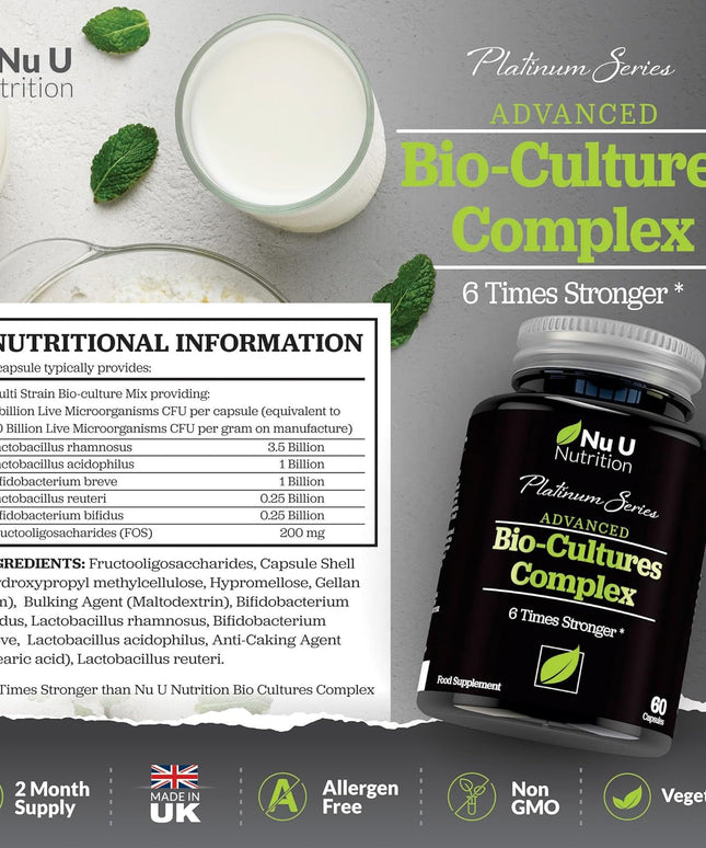 Bio Cultures Probiotics 60 Billion CFU - 60 Capsules - 2 Month Supply - 5 Active Vegetarian Strains with Lactobacillus Acidophilus & Bifidobacterium - Gut Supplements for Women & Men - Nu U Nutrition