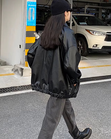 Korean Black Leather Jacket Women Winter Long Women'S Moto Biker Zipper Jacket Streetwear Harajuku Y2K Loose Women'S Coat 2023