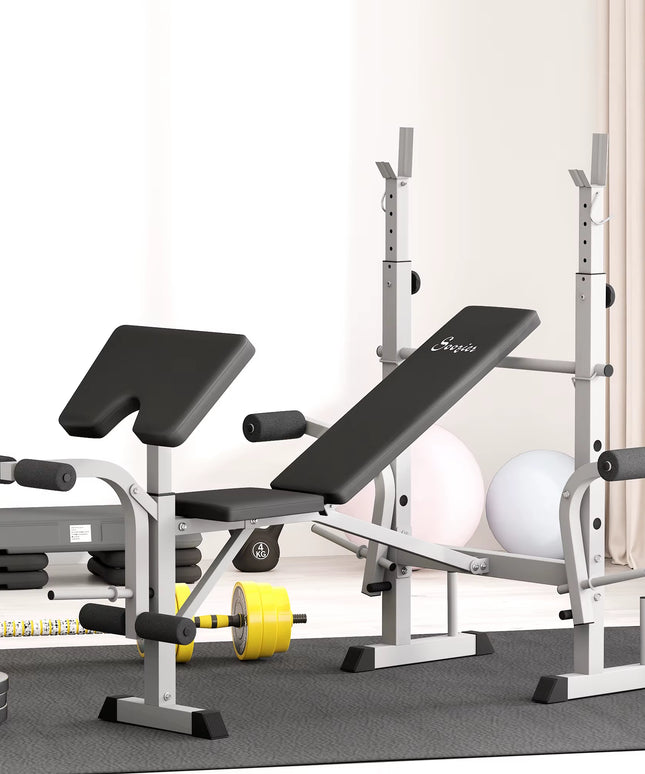 HOMCOM Adjustable Weight Bench with Squat Rack, Heavy Duty Bench Press Rack with Preacher Curl Pad, Leg Developer