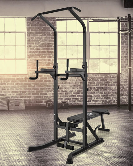 HOMCOM Multi-Function Power Tower – Pull-Up Station with Adjustable Weight Bench, Dip Station & Barbell Rack – Free Standing Gym Equipment