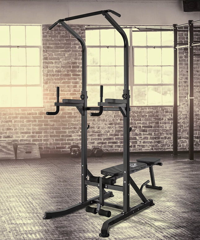 HOMCOM Multi-Function Power Tower – Pull-Up Station with Adjustable Weight Bench, Dip Station & Barbell Rack – Free Standing Gym Equipment