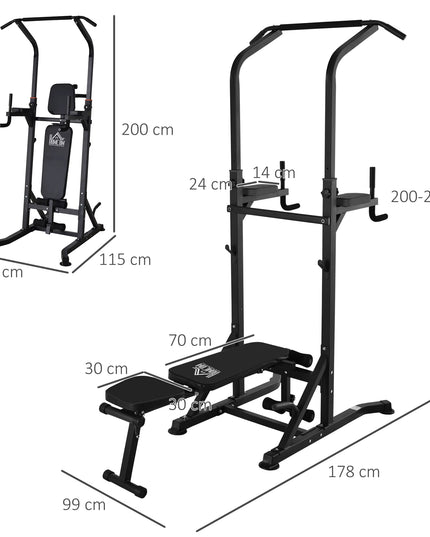 HOMCOM Multi-Function Power Tower – Pull-Up Station with Adjustable Weight Bench, Dip Station & Barbell Rack – Free Standing Gym Equipment