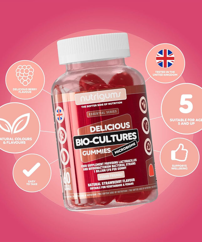 Bio-Cultures Microbiome Complex Gummy | 12 Multi-Strain Probiotics 1 Billion CFU | Acidophilus & Bifidobacterium | Strawberry Flavour | 60 Vegan Gummies | Support Wellbeing & Gut Heath by NUTRIGUMS®