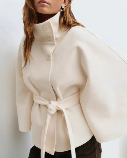 Winter High Neck Batwing Sleeve Coat with Belt Fashion Loose Elegant Button Top Trench Coat for Women Clothing