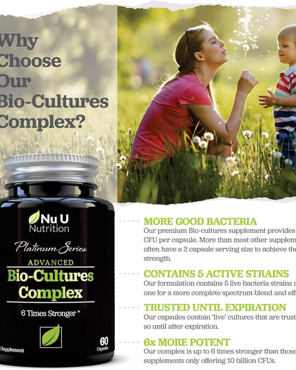 Bio Cultures Probiotics 60 Billion CFU - 60 Capsules - 2 Month Supply - 5 Active Vegetarian Strains with Lactobacillus Acidophilus & Bifidobacterium - Gut Supplements for Women & Men - Nu U Nutrition