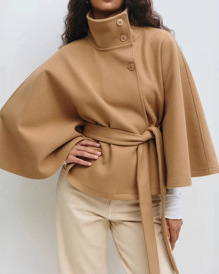 Winter High Neck Batwing Sleeve Coat with Belt Fashion Loose Elegant Button Top Trench Coat for Women Clothing