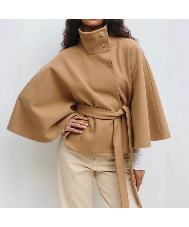 Winter High Neck Batwing Sleeve Coat with Belt Fashion Loose Elegant Button Top Trench Coat for Women Clothing